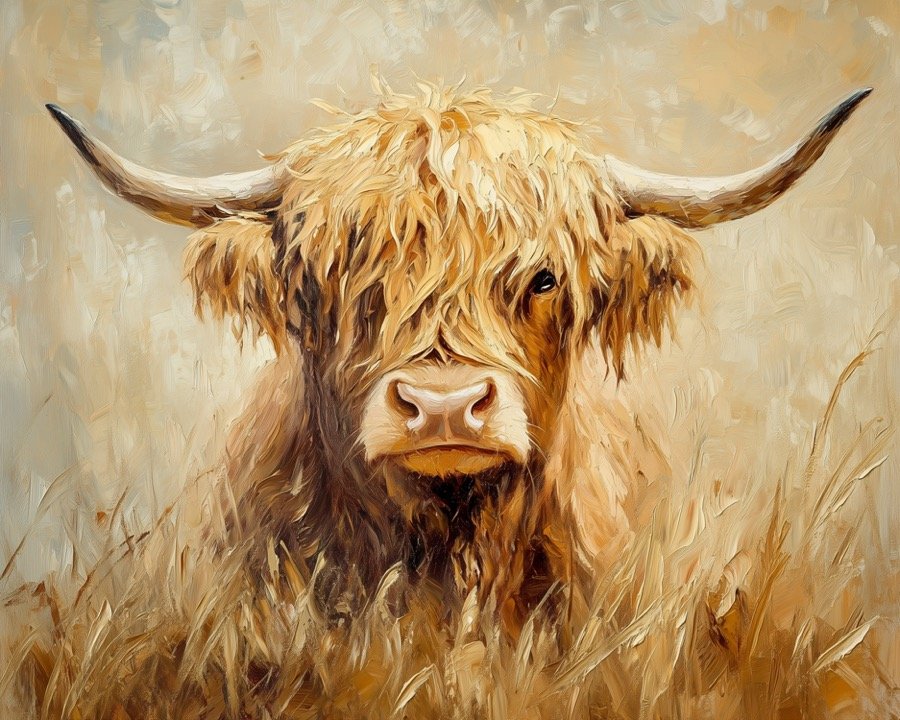 Highland cow portrait art print in a living room setting