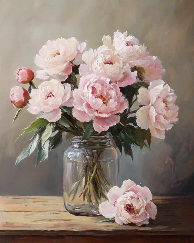 Loosely arranged blush pink peonies in a soft romantic oil painting style for bedroom walls