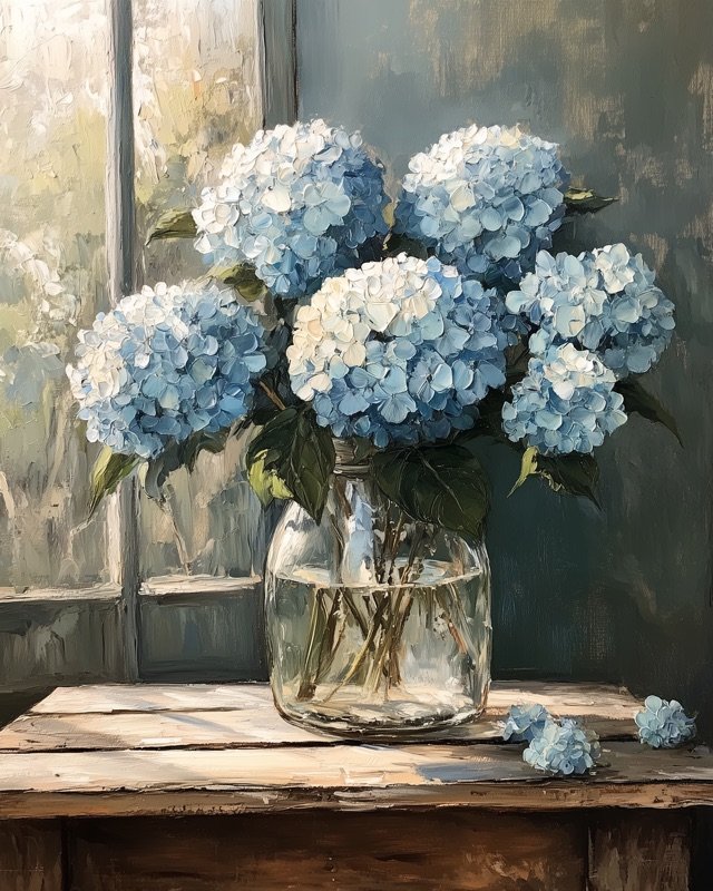Delicate hydrangea blooms in soft blue and ivory tones, calming botanical print for any room