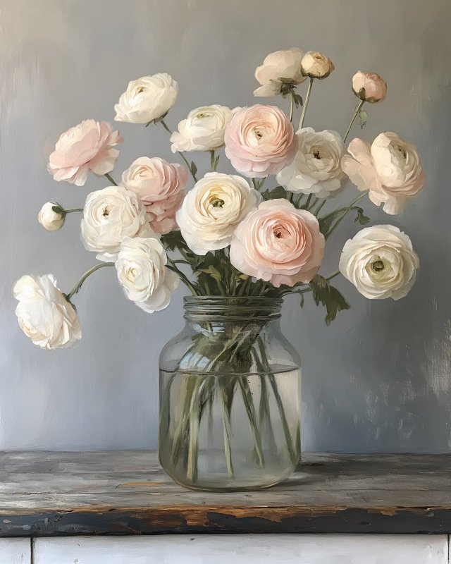 Delicate ranunculus flowers painted in soft blush and cream, romantic floral wall art