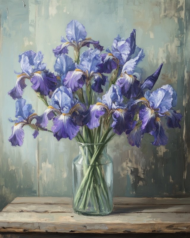 Lush purple and blue iris blooms surrounded by dense foliage in oil painting style