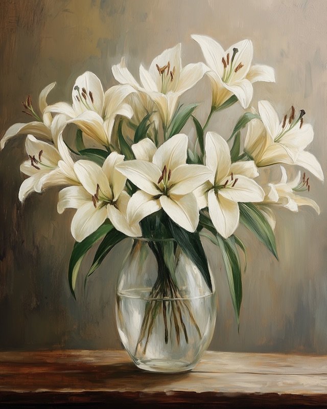 Elegant white lilies in a simple clear glass vase, minimal botanical still life painting