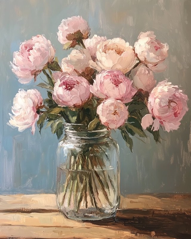 Pale pink peonies and layered soft blooms in a loose impressionist oil painting