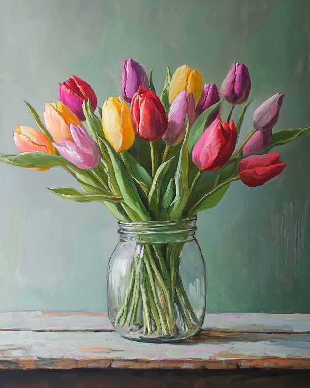 Spring tulip bouquet painted in soft neutral botanical tones for a living room wall