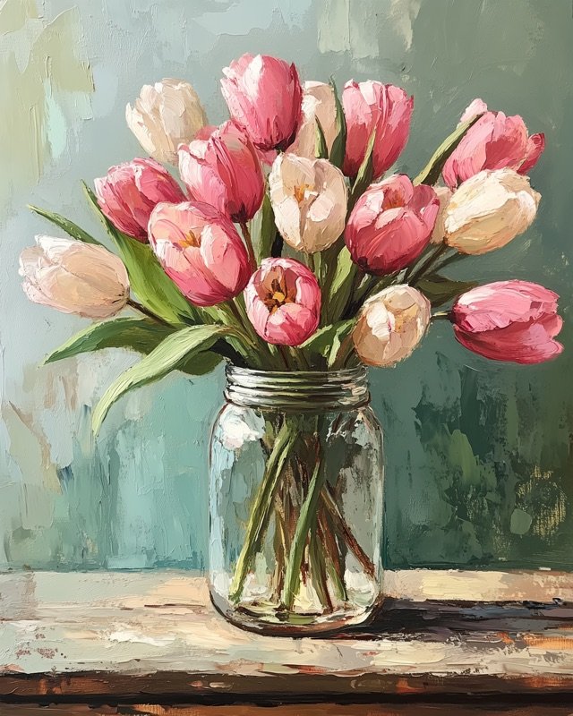 Loose spring tulips in a pastel pastel palette, impressionist oil painting style