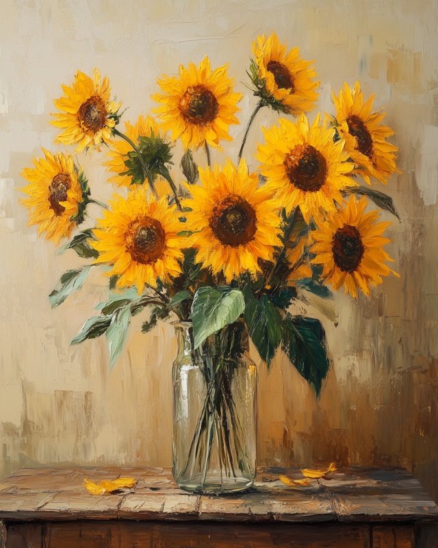 Sunflowers with natural stems in a fresh, unposed botanical oil painting