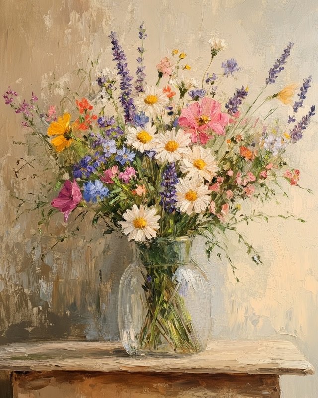 Natural cottage garden bouquet of wildflowers and mixed foliage in a painterly style
