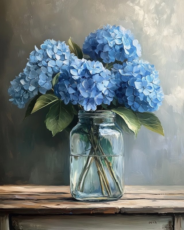 Pale blue hydrangeas in a simple apothecary glass vase, quiet botanical oil painting