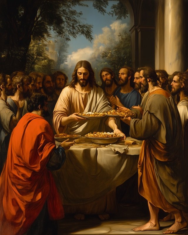 The miracle of loaves and fishes depicted in a timeless classical oil painting style