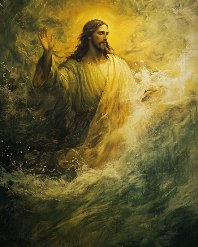 Jesus parting the waters with arms raised, powerful biblical scene in oil painting