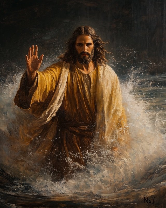 The parting of the Red Sea in a dramatic classical Christian painting style