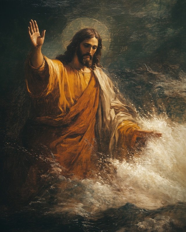 Jesus commanding the parting sea with gathered crowds, rich biblical oil painting