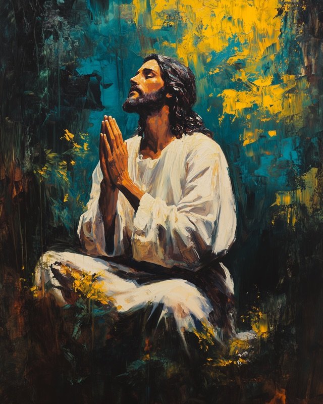 Jesus kneeling in quiet prayer at Gethsemane, serene faith-inspired oil painting