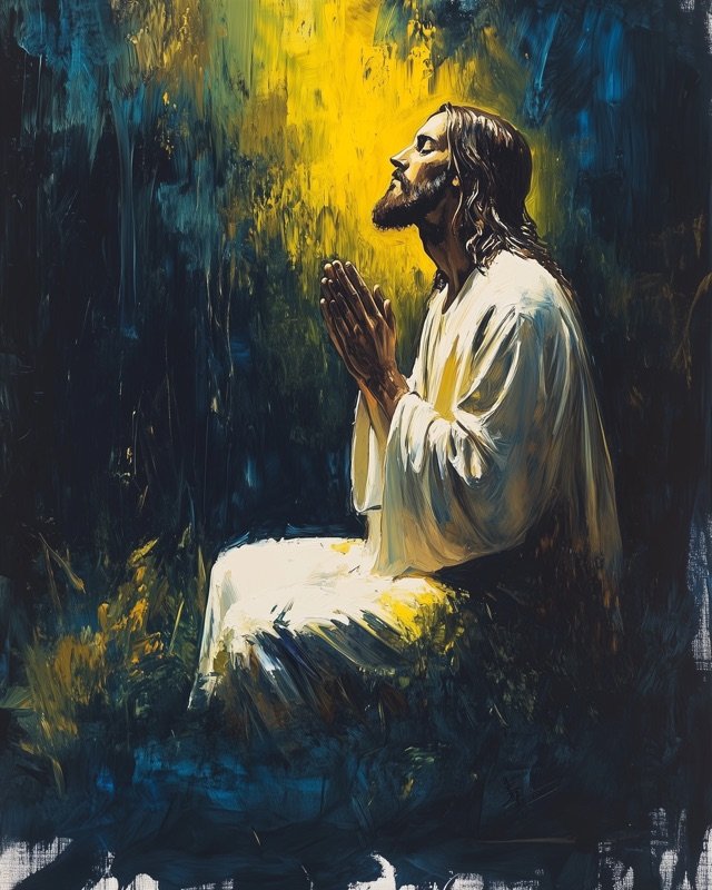 Jesus praying alone in the garden bathed in soft golden light, peaceful Christian painting