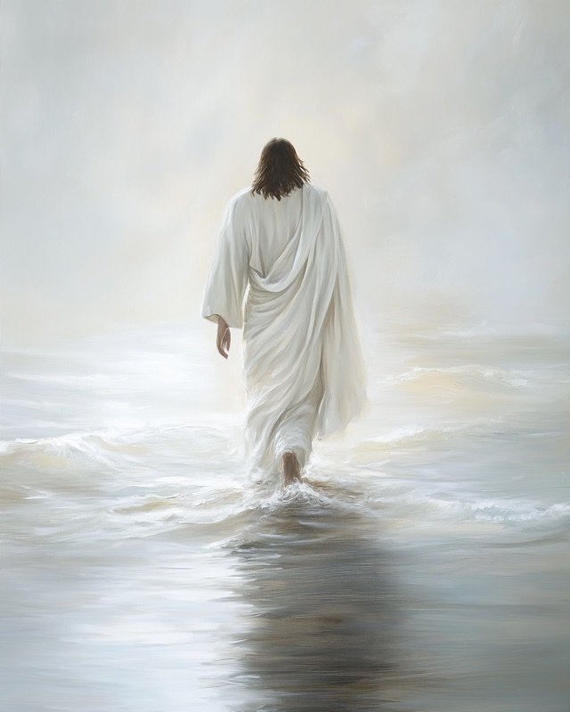 Jesus walking into shallow waves along the shoreline, peaceful biblical oil painting