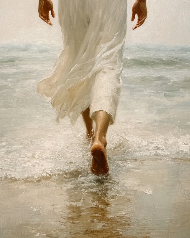 Jesus walking away into the sea at sunrise, a contemplative and spiritual wall print