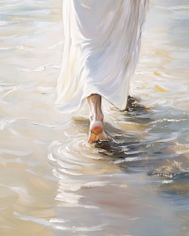 Jesus striding across the water in soft moonlight, atmospheric devotional painting