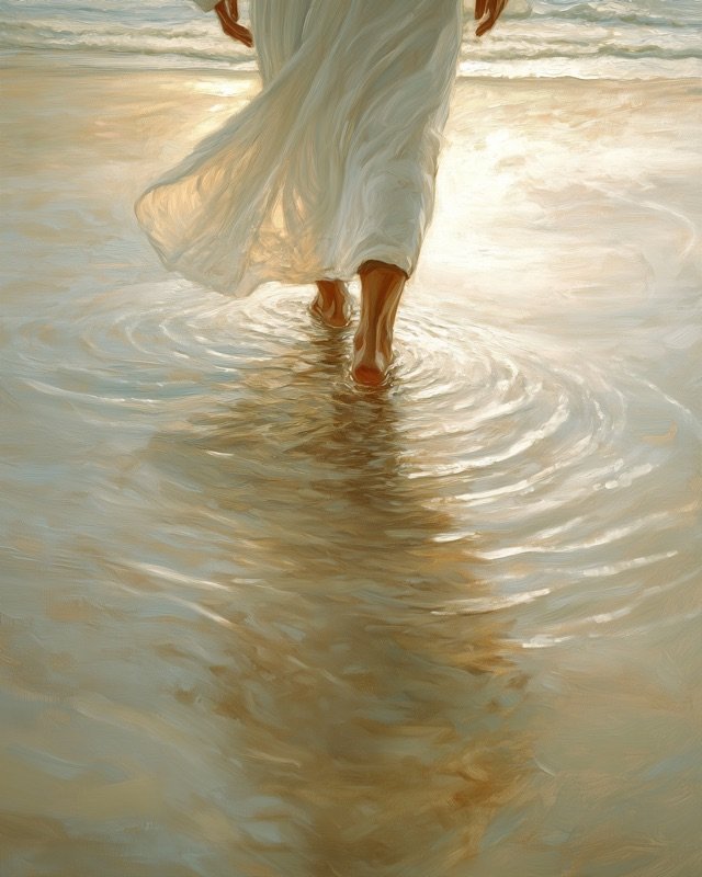 Christ walking on water at dusk beneath a dramatic stormy sky, faith wall art