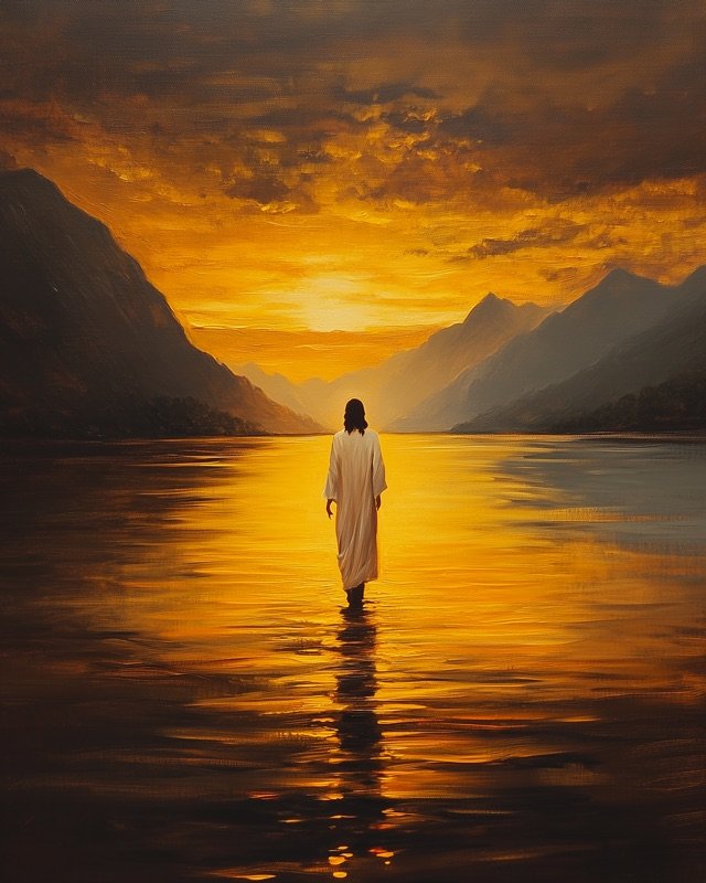 Jesus on the water surrounded by warm golden light, serene and uplifting Christian print