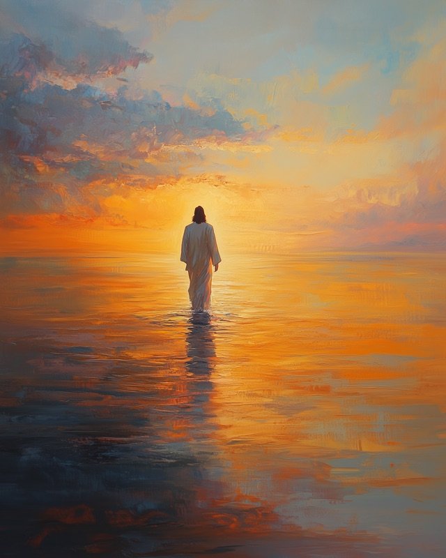 Jesus walking on calm evening water in muted blue tones, quiet bedroom wall art
