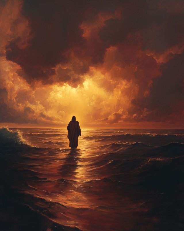 Jesus walking on water through dramatic stormy seas, powerful biblical wall painting