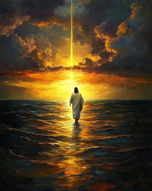Jesus on the water with outstretched arms in warm golden light, devotional wall print