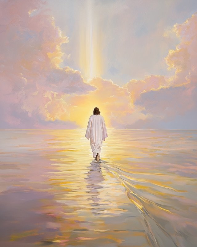Christ walking on water beneath a sweeping dramatic sky, bold biblical oil painting