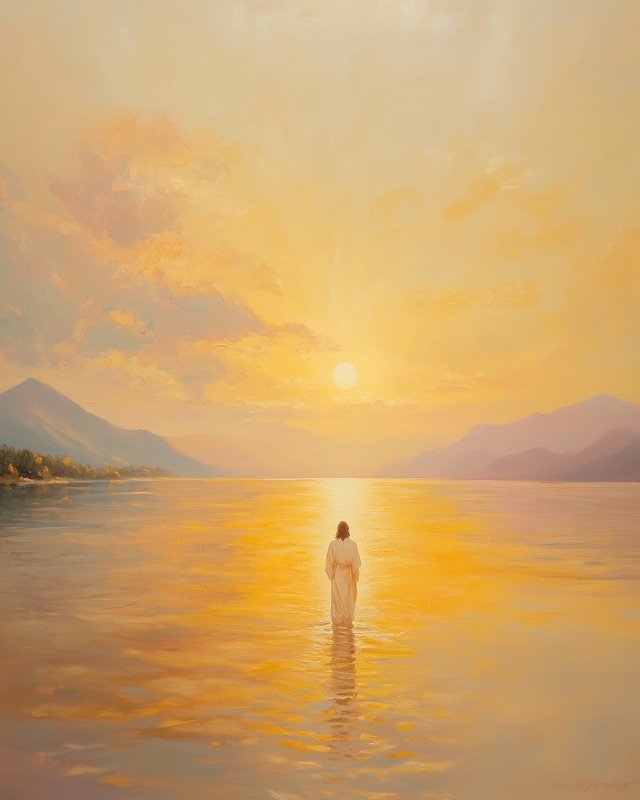 Jesus walking on water at sunrise with a peaceful horizon, gentle devotional art