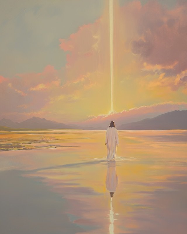 Jesus walking on the sea with a glowing golden horizon line, faith wall art for any room