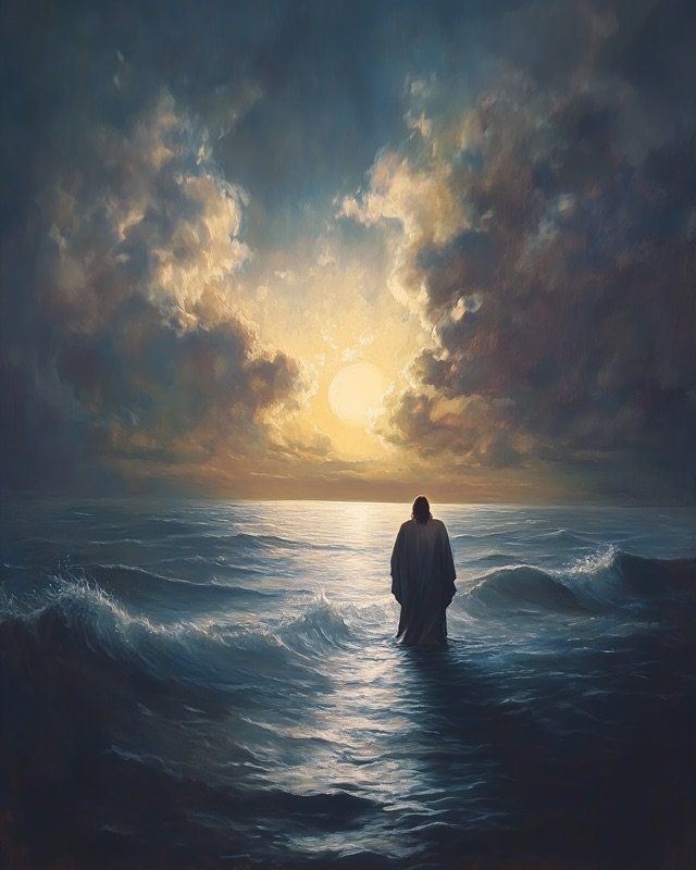 Jesus walking on water rendered in a rich and classical oil painting style