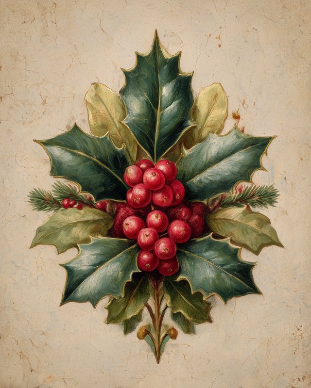 Holly leaf and berry bouquet with glossy emerald leaves printable art