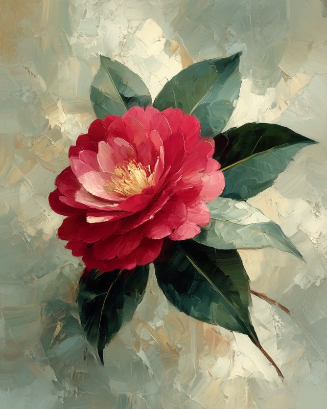 Winter camellia bloom with layered crimson petals oil painting