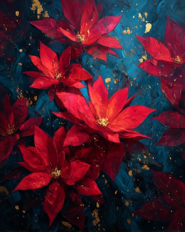 Dramatic deep red poinsettia flowers Christmas wall art