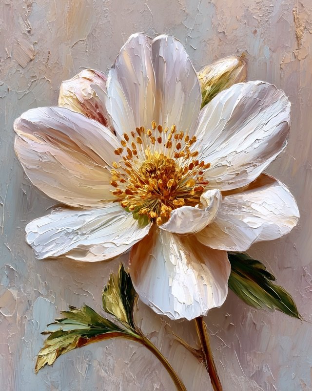 Elegant oil painting of a single Christmas rose flower