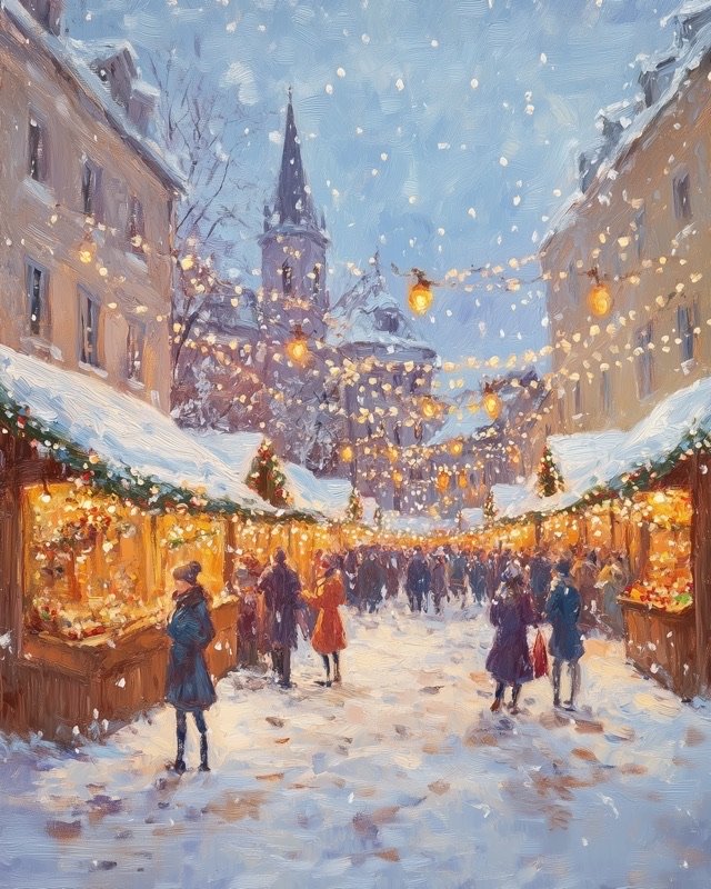 Oil painting of a lively Christmas market street scene at dusk