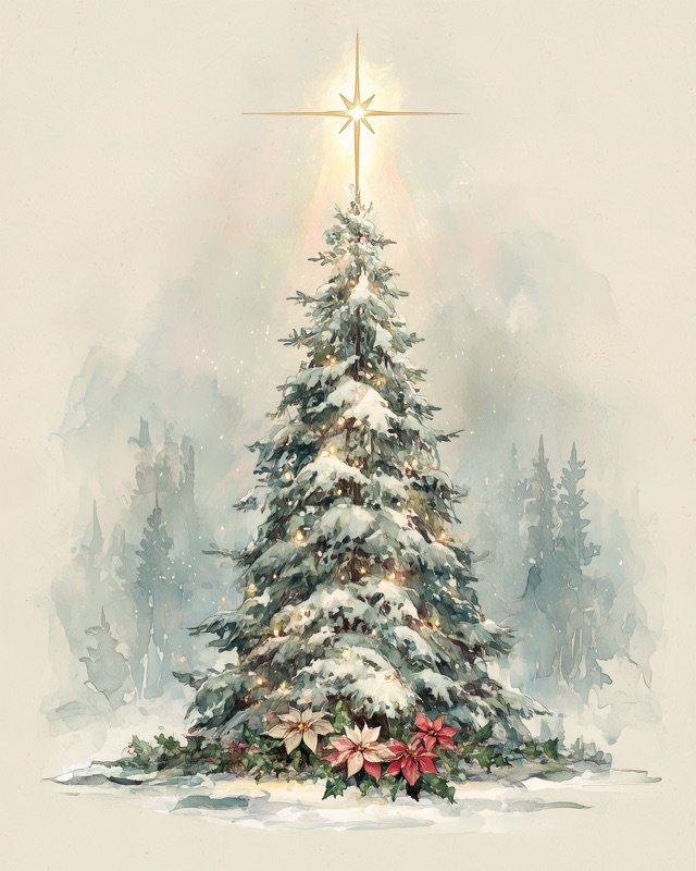 Tall snow-covered Christmas tree atmospheric oil painting wall art