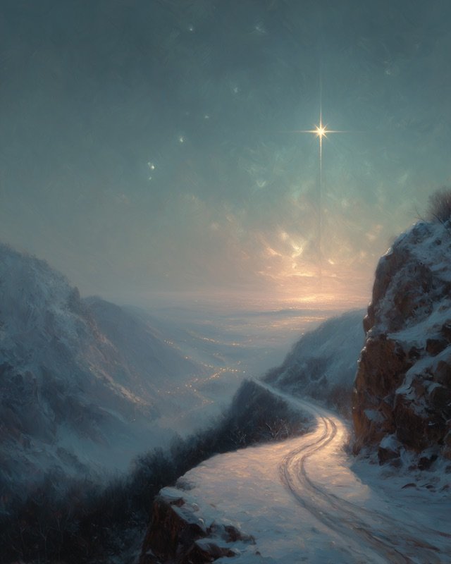 Dramatic oil painting of the Bethlehem star shining over the nativity