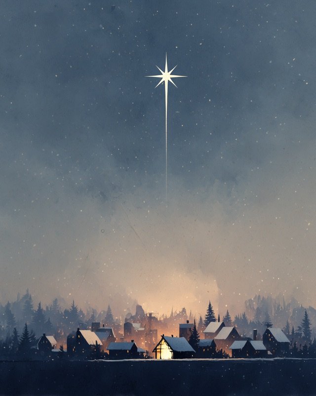 Minimalist Bethlehem village at night illustration printable