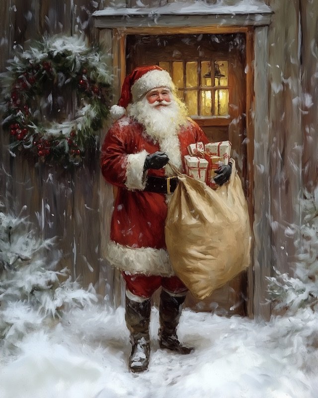 Atmospheric vintage oil painting of Santa Claus standing in winter scene