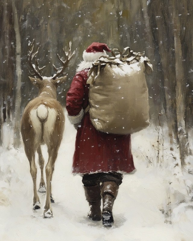 Santa Claus seen from behind walking away through snowy forest