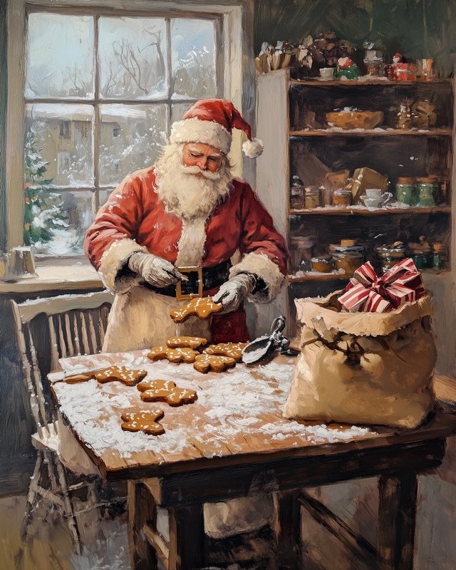 Vintage Scandinavian interior oil painting of Santa Claus with gifts