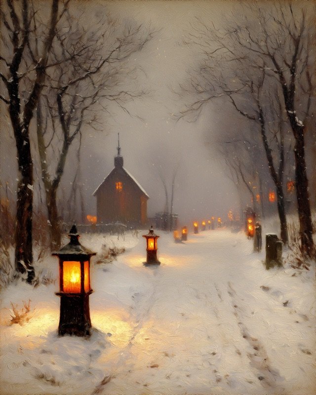 Atmospheric winter path lined with glowing lanterns oil painting
