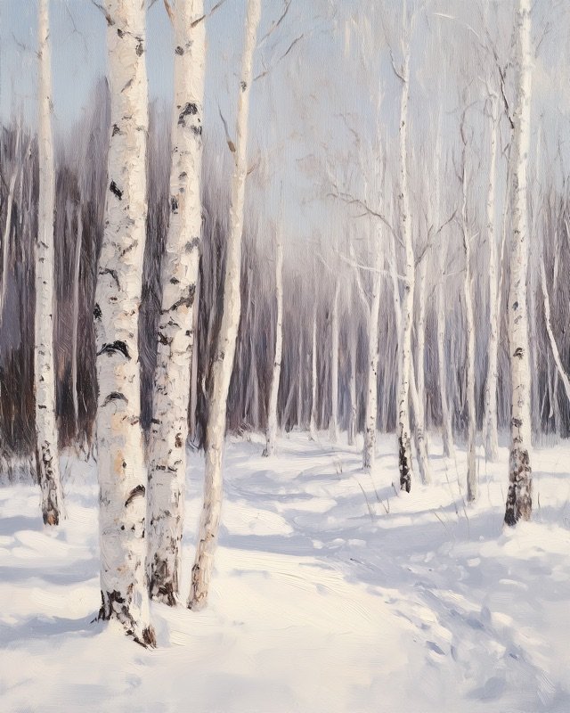 Quiet birch grove standing in deep snow impressionist oil painting