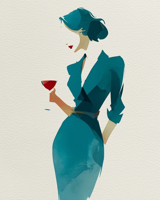 Elegant woman in a structured coat painted in a refined minimal ink style