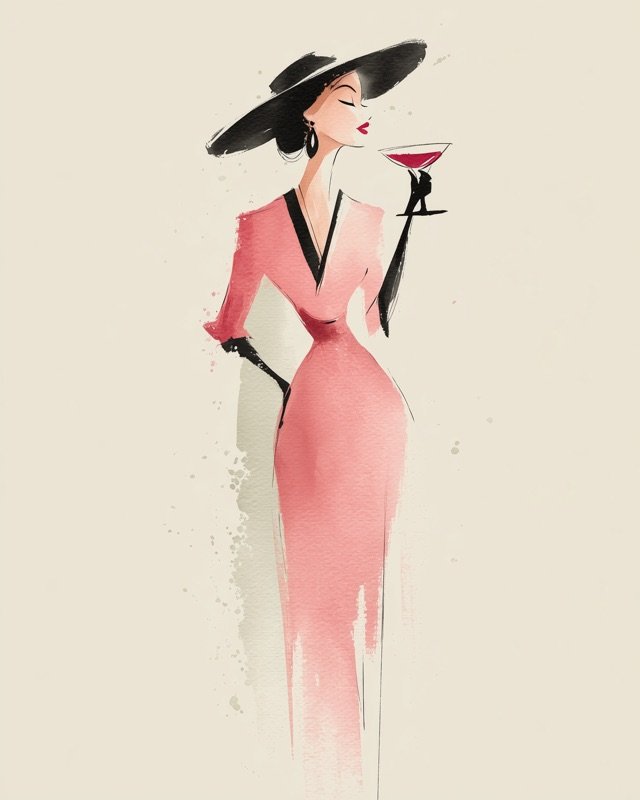 Graceful woman in a soft blush outfit, minimal ink painting for bedroom or hallway walls