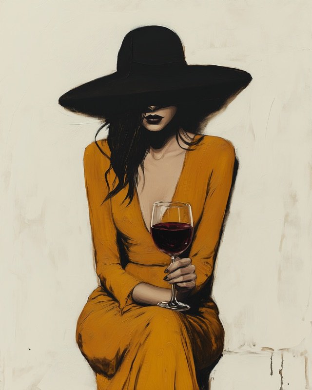 Woman in a wide-brim hat and flowing coat, minimal ink painting with strong silhouette