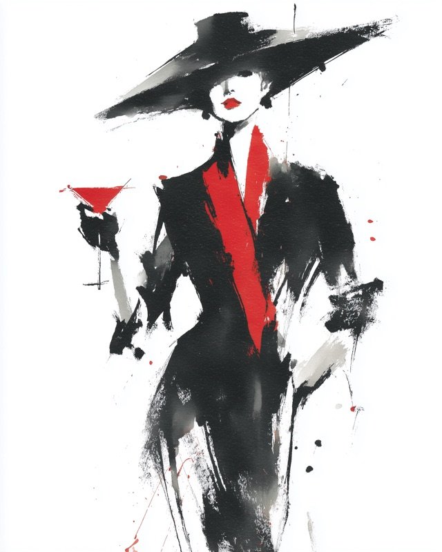 Confident woman in a wide-brim hat and dark ensemble, clean minimal ink portrait