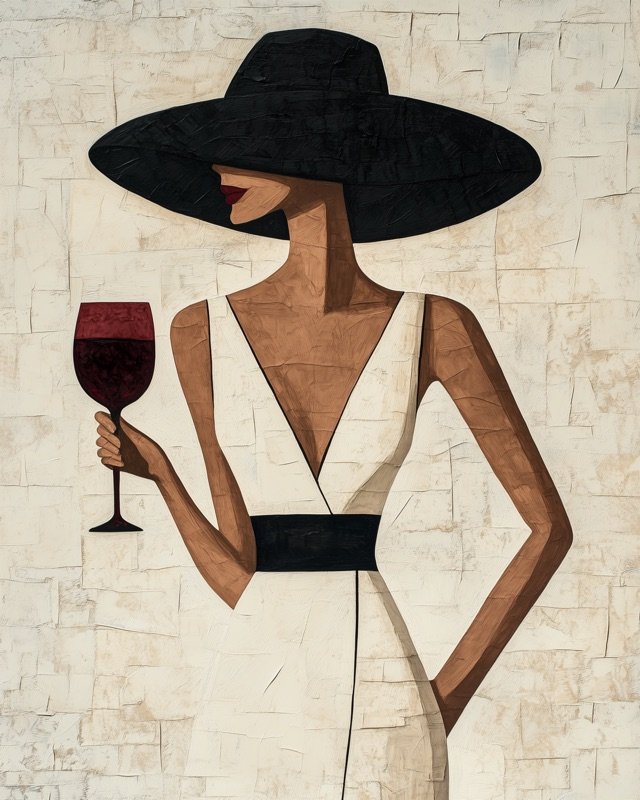 Woman in a cream wide-brim hat and coat, refined minimal ink portrait for neutral interiors