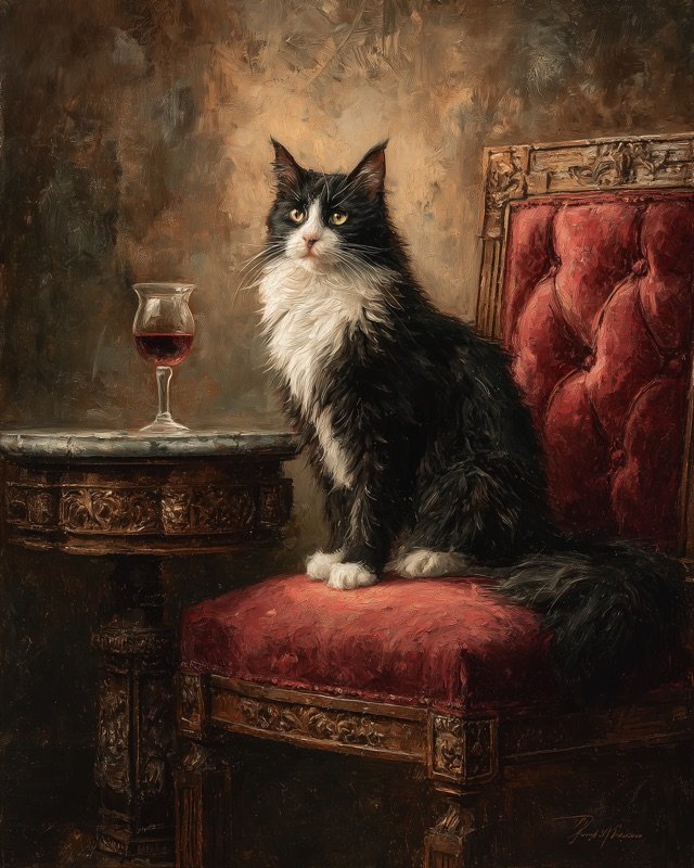 Charming tuxedo cat in a formal Victorian portrait pose, humorous oil painting wall art
