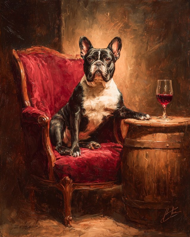 Dignified French bulldog seated in a velvet armchair, classic Victorian animal portrait